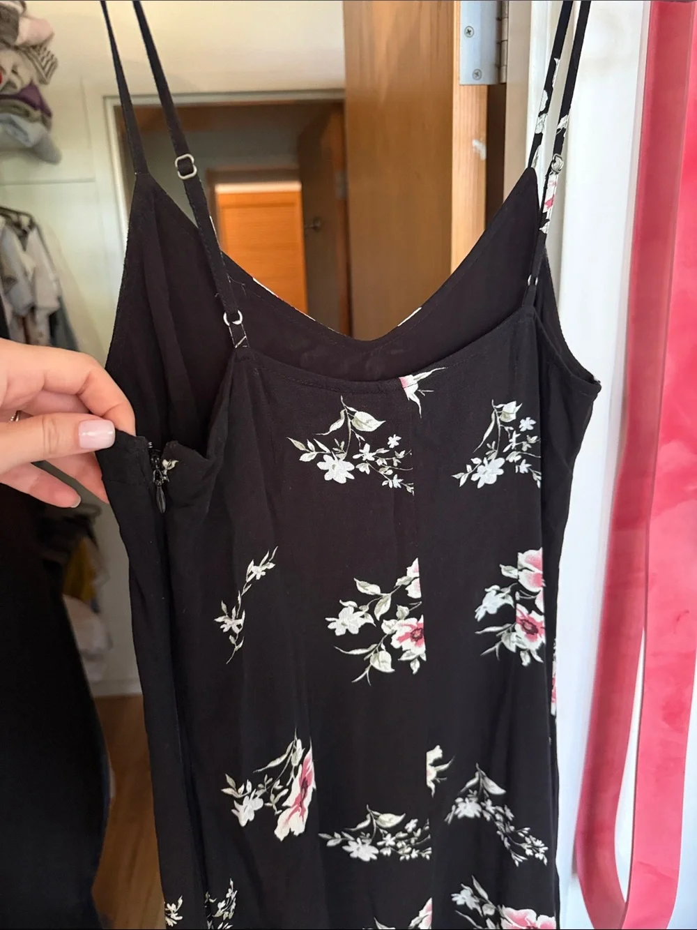 Black Floral Slip Midi Dress with side slit and Pink Accents Size Small Tall